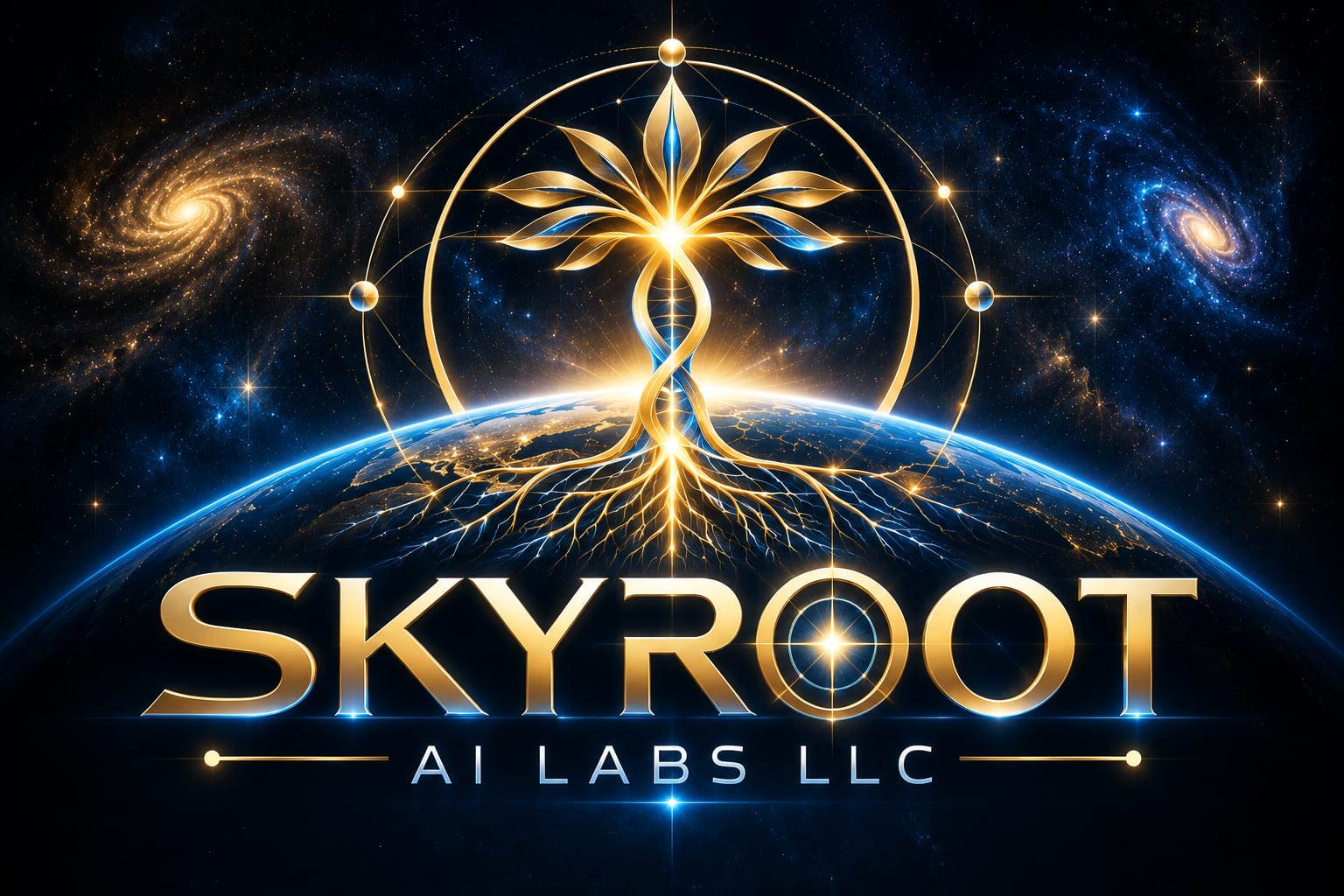 Skyroot AI Labs gold and blue tree and roots rising above Earth against a star-filled sky